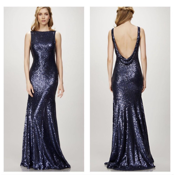 THEIA Evening Gown Navy Sequins Formal Prom Party Dress BHLDN, 0 - Picture 3 of 16